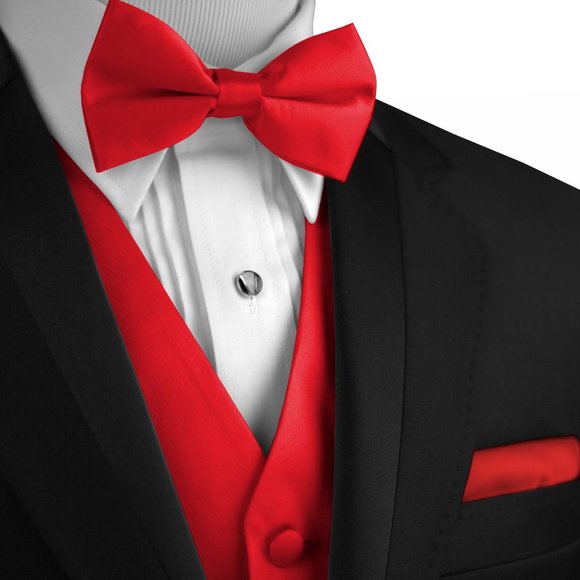 Men's Formal Wedding Prom Homecoming Tuxedo Vest Bow-Tie Hankie - Red Satin - Picture 1 of 4